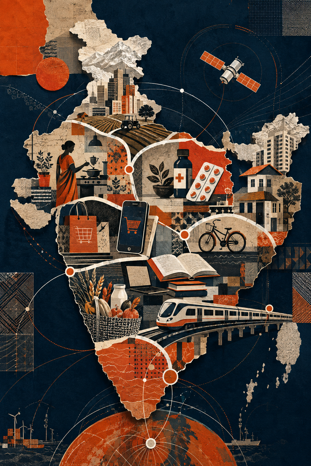 Editorial collage mapping household needs, commerce, mobility, education, health, and digital access across India